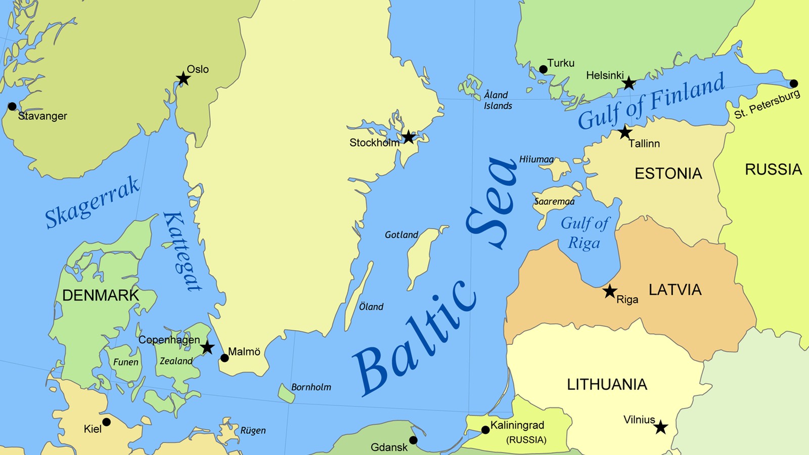 Kartta Itämeren alueesta: NATO-maiden ympäröimä meri, keskellä Venäjän Kaliningrad, pohjukassa Suomenlahti.