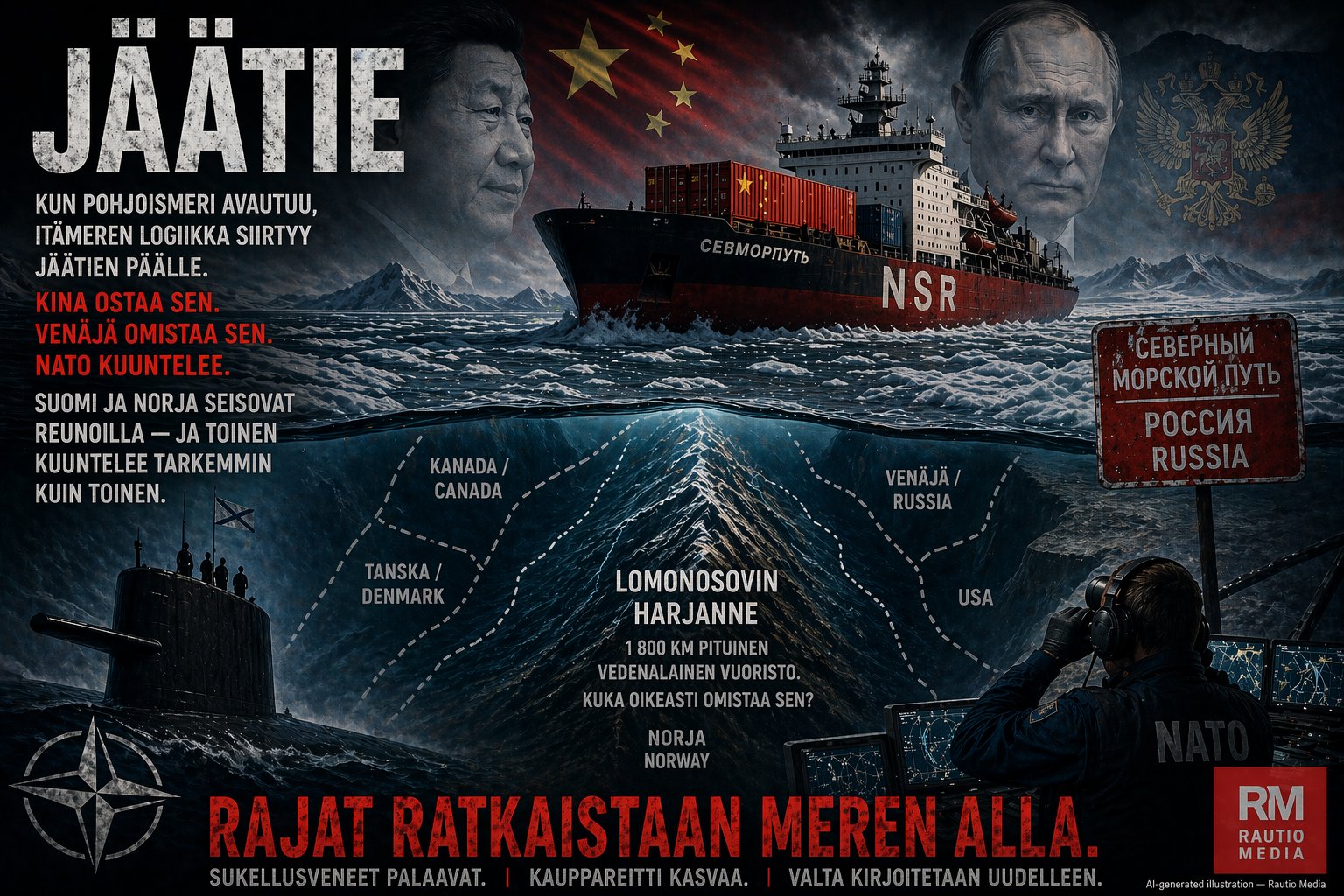 Jäätie: Xi Jinping ja Vladimir Putin arktisella taustalla, venäläinen Sevmorput-rahtialus, vedenalainen kartta Lomonosovin harjanteesta ja NATO-analyytikko kuulokkeissa