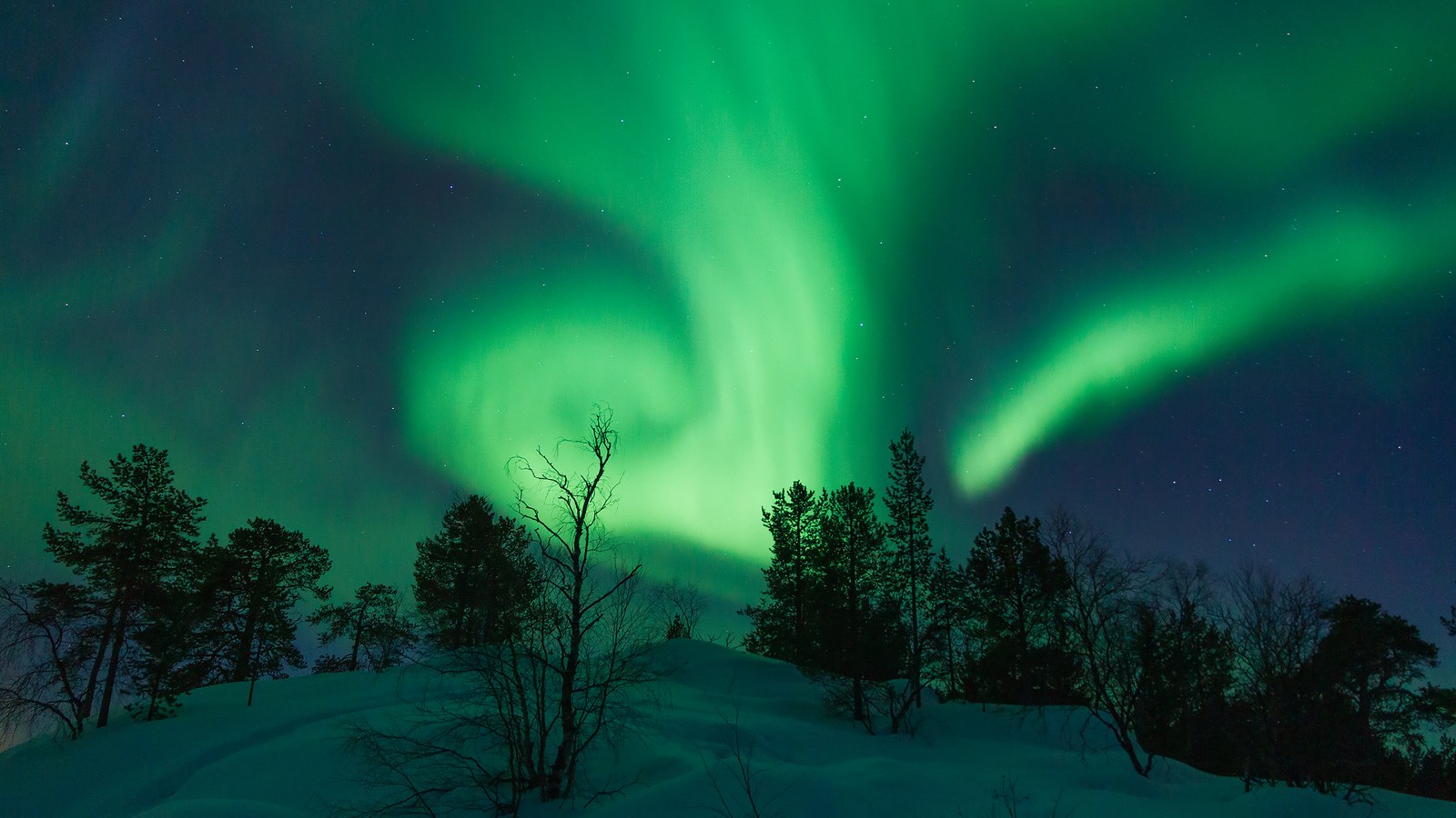 Revontulet kiertyvät vihreänä pyörteenä tähtitaivaalla lumisen tunturimaiseman yllä Inarissa Lapissa. Valokuva.