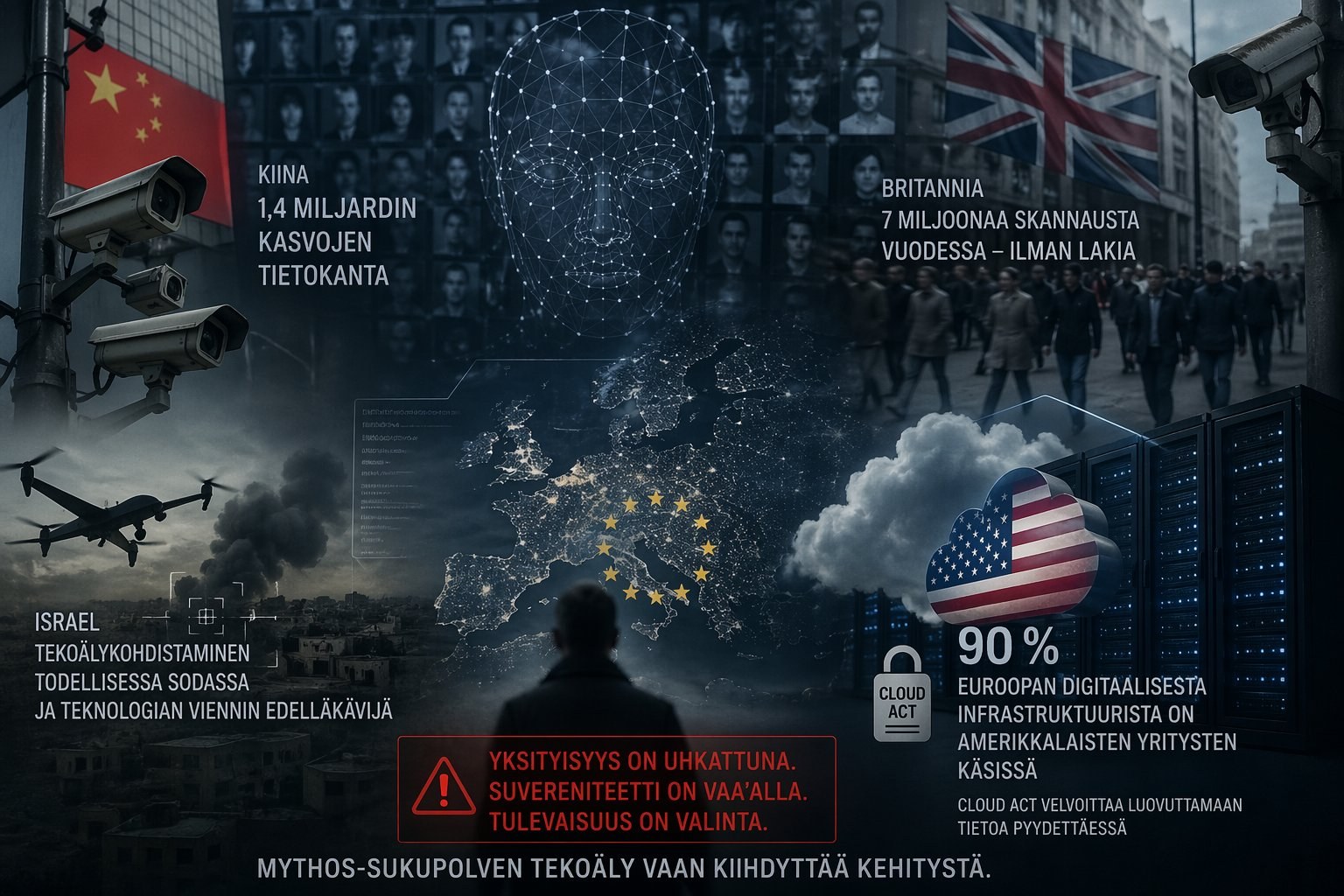 Väsymättömät silmät -artikkelin hero-kuvitus: Kiinan kasvontunnistustietokanta, Britannian valvontakamerat, Israelin tekoälykohdistaminen ja Euroopan data CLOUD Actin alla — kollaasi valvontataloudesta joka ei nuku.