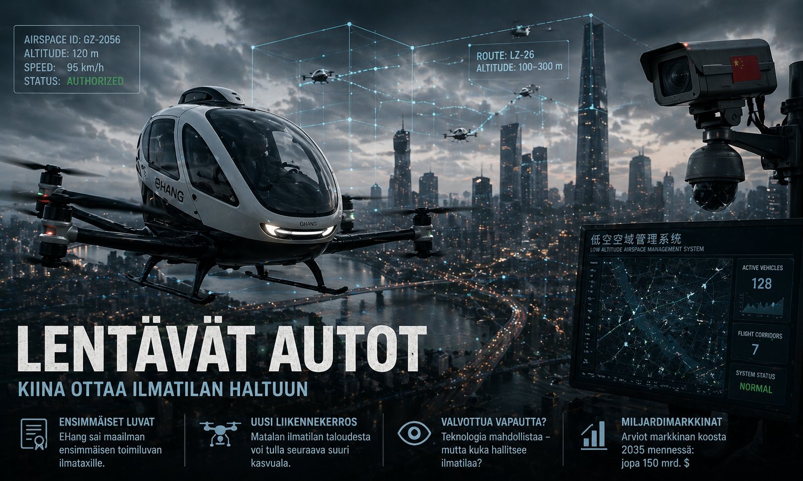 EHang EH216-S autonominen ilmataksi lentää suurkaupungin yllä, taustalla muita droneja lentokäytävissä ja matalan ilmatilan hallintajärjestelmän näyttö.