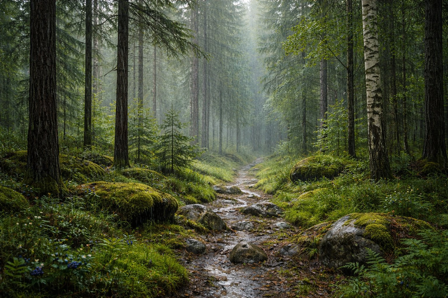 Pohjoinen sateinen metsäpolku sammalpeitteisten kivien välissä