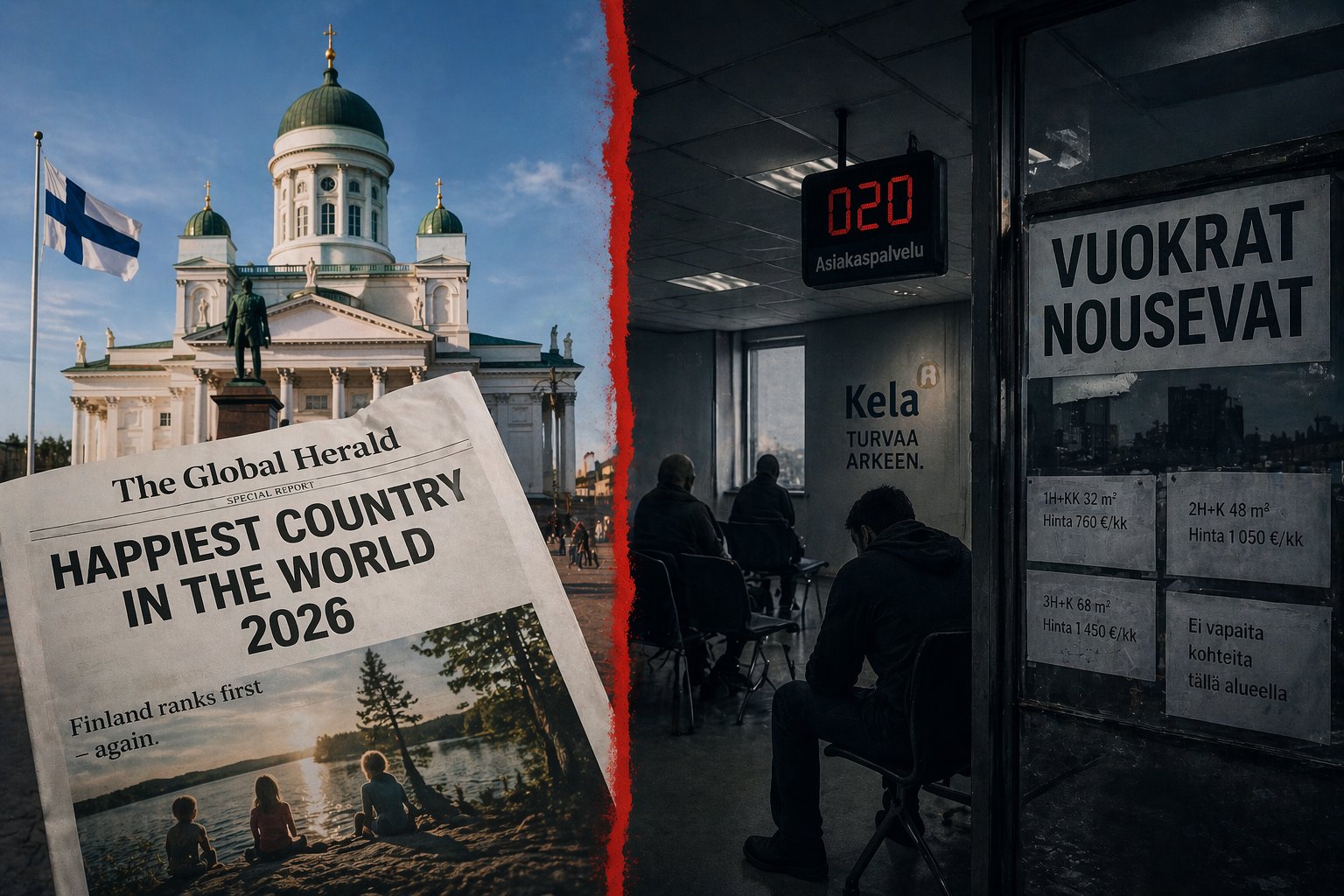 Kaksoiskuva: vasemmalla Helsingin Tuomiokirkko ja lehden etusivu 'Happiest Country in the World 2026'. Oikealla Kelan odotushuone kolmen istuvan ihmisen kanssa ja vuokrailmoitus 'Vuokrat nousevat'.