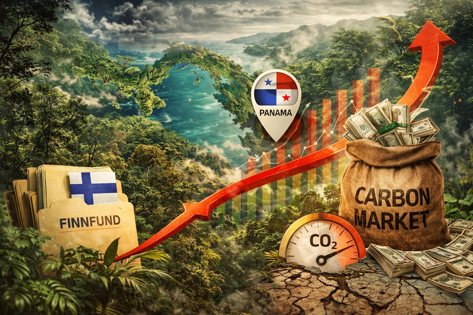 Panaman sademetsää sumussa, etualalla Finnfund-kansio Suomen lipulla, säkki täynnä dollareita kyltillä 'Carbon Market', CO2-mittari ja nouseva punainen nuoli
