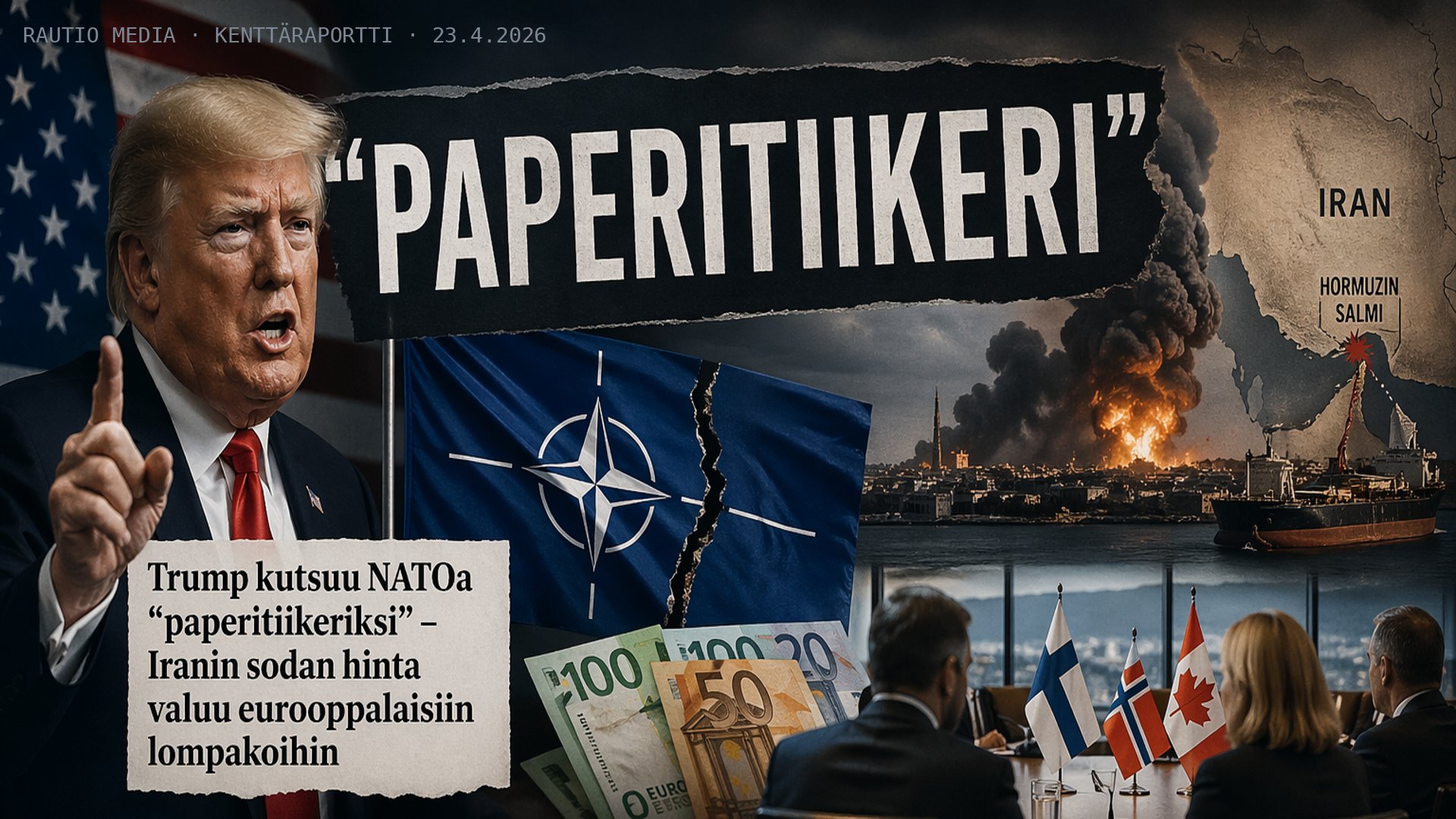 Trump osoittamassa sormella USA:n lipun edessä, keskellä halki revennyt NATO-lippu, taustalla Iranin kartta ja palava Hormuzin salmi, etualalla eurosetelit ja Oslon kokouspöytä Suomen Norjan ja Kanadan lipuilla
